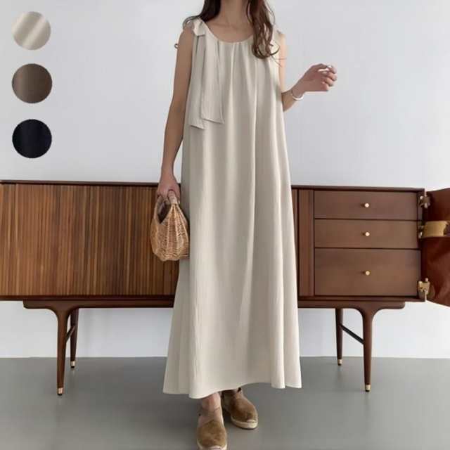 ワンピース レディース キャミワンピース クルーネック リボン ノースリーブ ロングワンピース ロング丈 マキシ丈 キャミソール 無地 おしゃれ シンプル カジュアル 大人可愛い ファッション 夏 新
