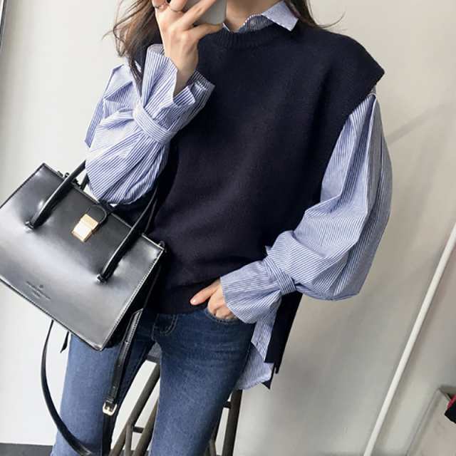 セットアップ シャツ ブラウス ベスト ショート ショート丈 ミディアム丈 半端丈 長袖 ボリューム袖 Uネック ラウンドネック ボートネック ストレート レイヤード フリル ニット 2点セット ツー