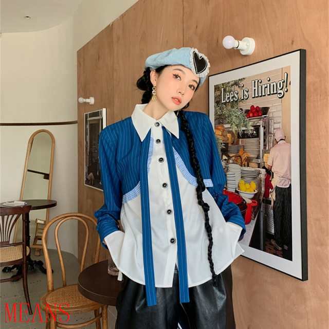 トップス レディース シャツ ブラウス 切り替え 重ね着風 チェック ストライプ ストリート ドレスシャツ レトロ ラージカラー 襟なし 長袖 パフスリーブ トレンド フロントボタン スマート 細身 
