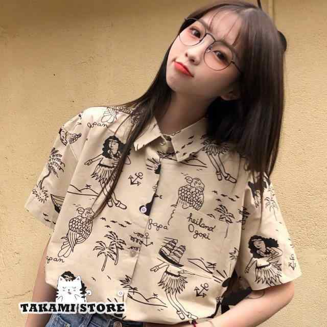 ● 商品名 ●襟付きシャツ シャツ ブラウス レディース トップス 半袖 柄シャツ シャツブラウス アロハシャツ カジュアル ゆったり 春 夏 羽織もの 大きいサイズ 襟付き 総柄 レトロ 可愛い 個
