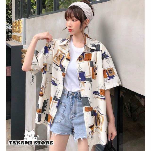 ● 商品名 ●シャツ ブラウス レディース トップス 半袖 襟付きシャツ 柄シャツ アロハシャツ カジュアル ゆったり 春 夏 幾何学模様 大きいサイズ 3L 白 黒 羽織りシャツ オーバーサイズ ビ