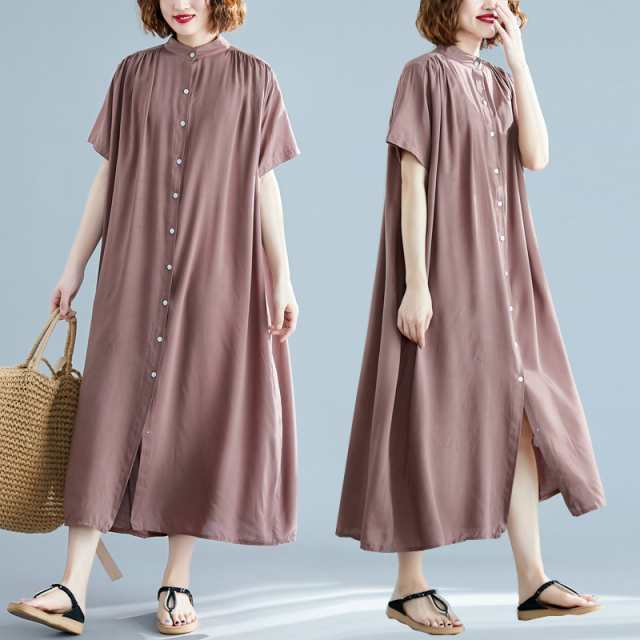ワンピース シャツ シャツワンピース ロング ロング丈 袖あり 半袖 ヘンリーネック Aライン プリーツ 前開き 2way 綿 かわいい 大人可愛い きれいめ シンプル カジュアル 大人 上品 おしゃ