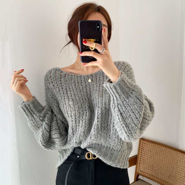 ゆったりニット トップス セーター 袖あり 長袖 ボリューム袖 萌袖 ラウンドネック かわいい 大人可愛い シンプル カジュアル おしゃれ お洒落 大人可愛い 大人女子 こなれ感 無地 秋 冬 10代